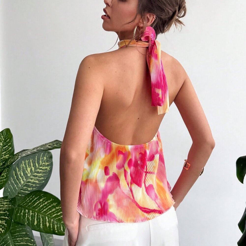 Casual Floral Pleated Halter Neck Women's Blouse - Picture 3 of 9